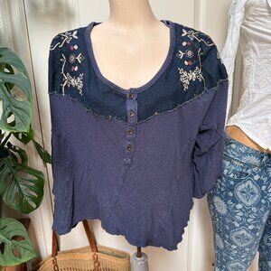 We The Free People Navy Cropped Top Embroidery & Brass Studs